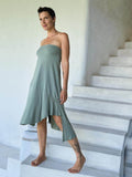 caraucci plant-based stretchy jersey pull-on convertible sage green asymmetrical midi skirt #color_moss