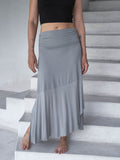 caraucci plant-based stretchy jersey convertible light gray asymmetrical midi skirt #color_stone