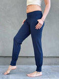 women's bamboo spandex navy blue jogger pants with two front pockets #color_navy