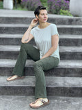 caraucci women's forest green textured bamboo boot cut pants #color_forest