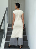 caraucci high neck cap sleeve cream double slit tunic dress #color_cream
