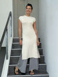 caraucci high neck cap sleeve cream double slit tunic dress #color_cream