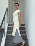 caraucci high neck cap sleeve cream double slit tunic dress #color_cream