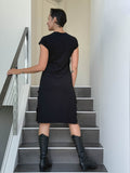 caraucci high neck cap sleeve black double slit dress #color_black