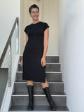 caraucci high neck cap sleeve black double slit dress #color_black