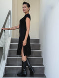 caraucci high neck cap sleeve black double slit dress #color_black