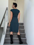 caraucci high neck cap sleeve teal blue double slit dress #color_teal