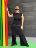 caraucci high neck cap sleeve black double slit tunic #color_black