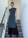 caraucci high neck cap sleeve teal blue double slit tunic #color_teal