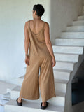 caraucci camel colored cotton one-piece wide leg jumper with adjustable ruching #color_camel