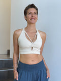 caraucci stretchy full coverage cream yoga bra top with criss cross back straps #color_cream