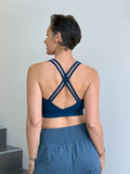 caraucci stretchy full coverage navy blue yoga bra top with criss cross back straps #color_navy
