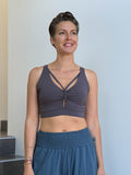 caraucci stretchy full coverage steel gray yoga bra top with criss cross back straps #color_steel