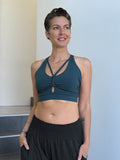 caraucci stretchy full coverage teal blue yoga bra top with criss cross back straps #color_teal