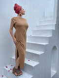 caraucci loose fit camel cotton dress with pockets #color_camel