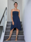 caraucci women's stretch jersey navy blue convertible flared midi skirt worn as a dress #color_navy