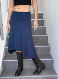caraucci women's stretch jersey navy blue convertible flared midi skirt #color_navy