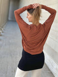 women's plant based rayon jersey loose fit burnt orange dolman sleeve shrug with thumbholes #color_copper