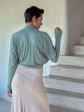women's plant based rayon jersey loose fit sage green dolman sleeve shrug with thumbholes #color_moss