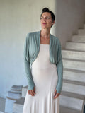 women's plant based rayon jersey loose fit sage green dolman sleeve shrug with thumbholes #color_moss