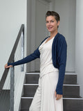 women's plant based rayon jersey loose fit navy blue dolman sleeve shrug with thumbholes #color_navy