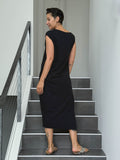caraucci loose fit black cotton dress with pockets #color_black