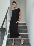 caraucci loose fit black cotton dress with pockets #color_black
