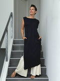 caraucci loose fit black cotton dress with pockets with pants #color_black