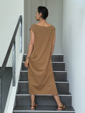 caraucci loose fit camel cotton dress with pockets #color_camel