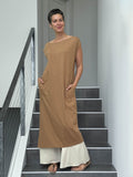 caraucci loose fit camel cotton dress with pockets over pants #color_camel