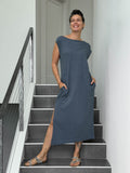 caraucci loose fit gray cotton dress with pockets #color_carbon