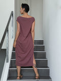 caraucci loose fit pink cotton dress with pockets #color_mangosteen