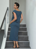 caraucci loose fit blue cotton dress with pockets #color_pacific