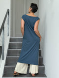 caraucci loose fit blue cotton dress with pockets with pants #color_pacific