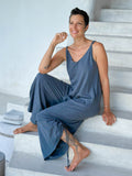 caraucci blue cotton one-piece wide leg jumper with adjustable ruching #color_pacific