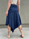 women's plant based rayon jersey stretchy asymmetrical navy midi skirt with fold-over waistband #color_navy