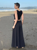 caraucci cotton smocked waist black wide leg flow pants #color_black