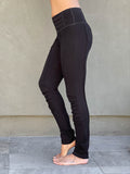 caraucci women's bamboo spandex pants with raised stitch details and 2 zipper pockets #color_black