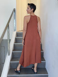 caraucci lightweight loose fit copper high neck maxi dress #color_copper