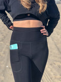 caraucci women's bamboo spandex full length black pocket leggings with a fold over waistband #color_black
