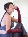 women's plant based rayon jersey stretchy opera length wine textured fingerless gloves #color_wine