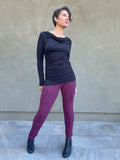 women's plant based rayon jersey long sleeve black top with slight cowl neck and side ruching #color_black