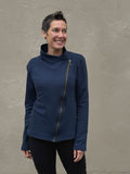 caraucci bamboo cotton fleece navy blue asymmetrical zipper jacket with pockets #color_navy