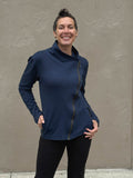 caraucci bamboo cotton fleece navy blue asymmetrical zipper jacket with pockets #color_navy