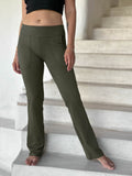 caraucci bamboo spandex flare forest green stretch pants with detailed stitching #color_forest