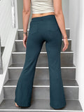caraucci bamboo teal blue flare-leg pants with two front and back pockets #color_teal