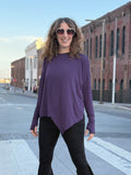 caraucci plant-based rayon jersey purple asymmetrical hem oversized long sleeve top with thumbholes #color_plum