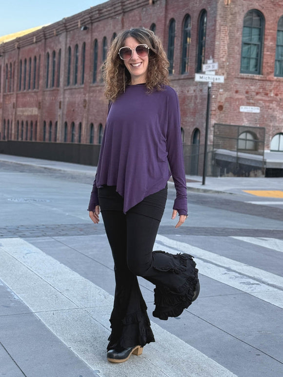 caraucci plant-based rayon jersey purple asymmetrical hem oversized long sleeve top with thumbholes #color_plum