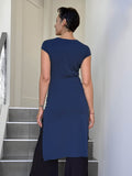 caraucci high neck cap sleeve navy blue double slit tunic #color_navy