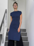 caraucci high neck cap sleeve navy blue double slit tunic #color_navy